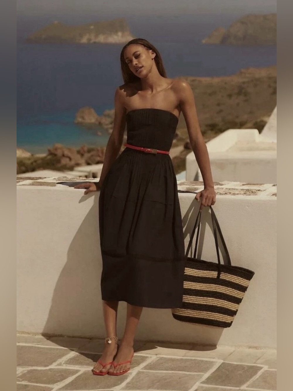 Anthropologie Black Strapless Poplin Pin-tuck Midi Dress Size 3X
